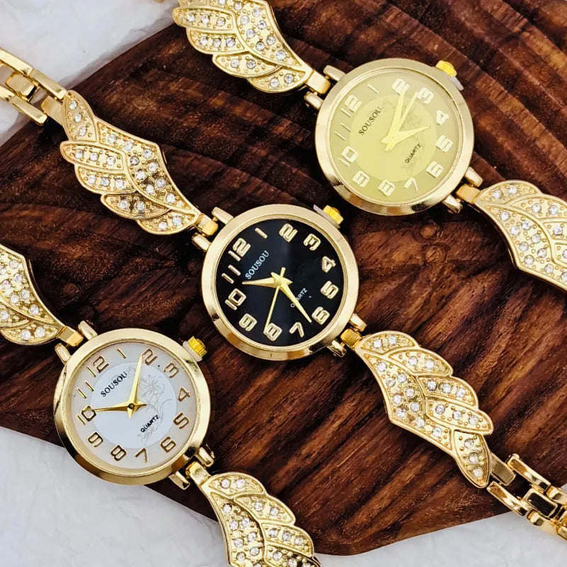 Women's stainless steel watch with a round dial shown in gold, golden white, and black/gold surface options.