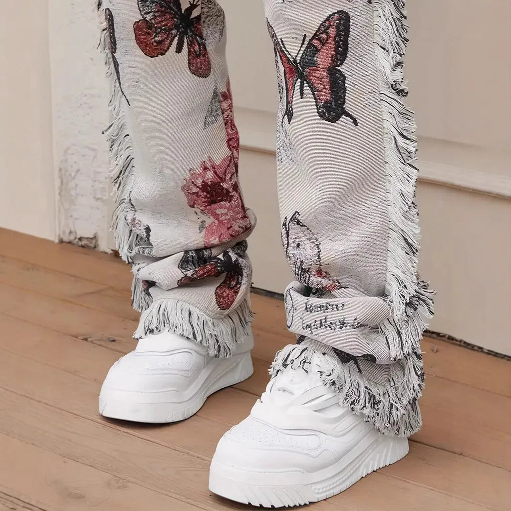 Men's slim fit denim trousers with digital animal print pattern on cotton fabric