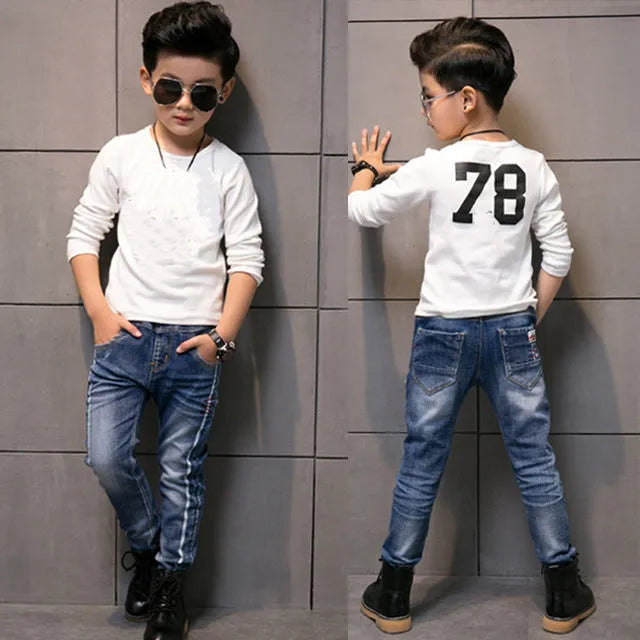 Boys casual jeans dark blue cotton straight leg trousers Asian size 110-170cm
