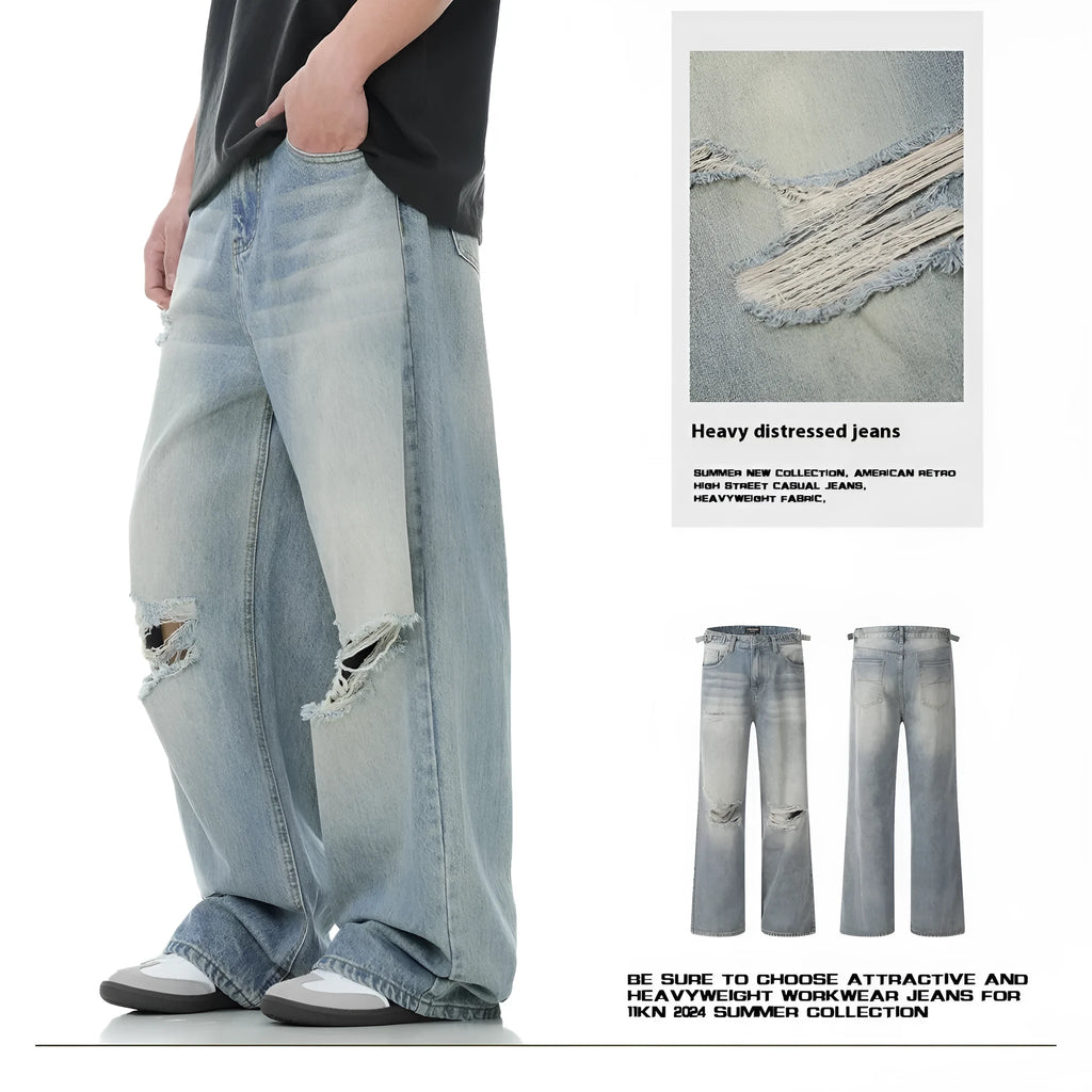 Men's blue retro straight-leg jeans with ripped detailing and cotton-blend fabric