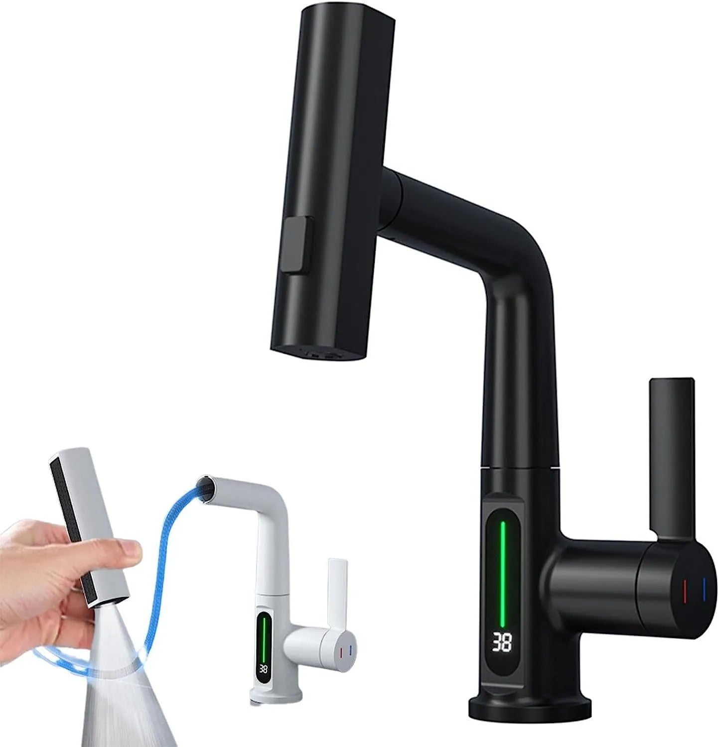 Digital display kitchen tap with pull-out spray hose showing temperature readout