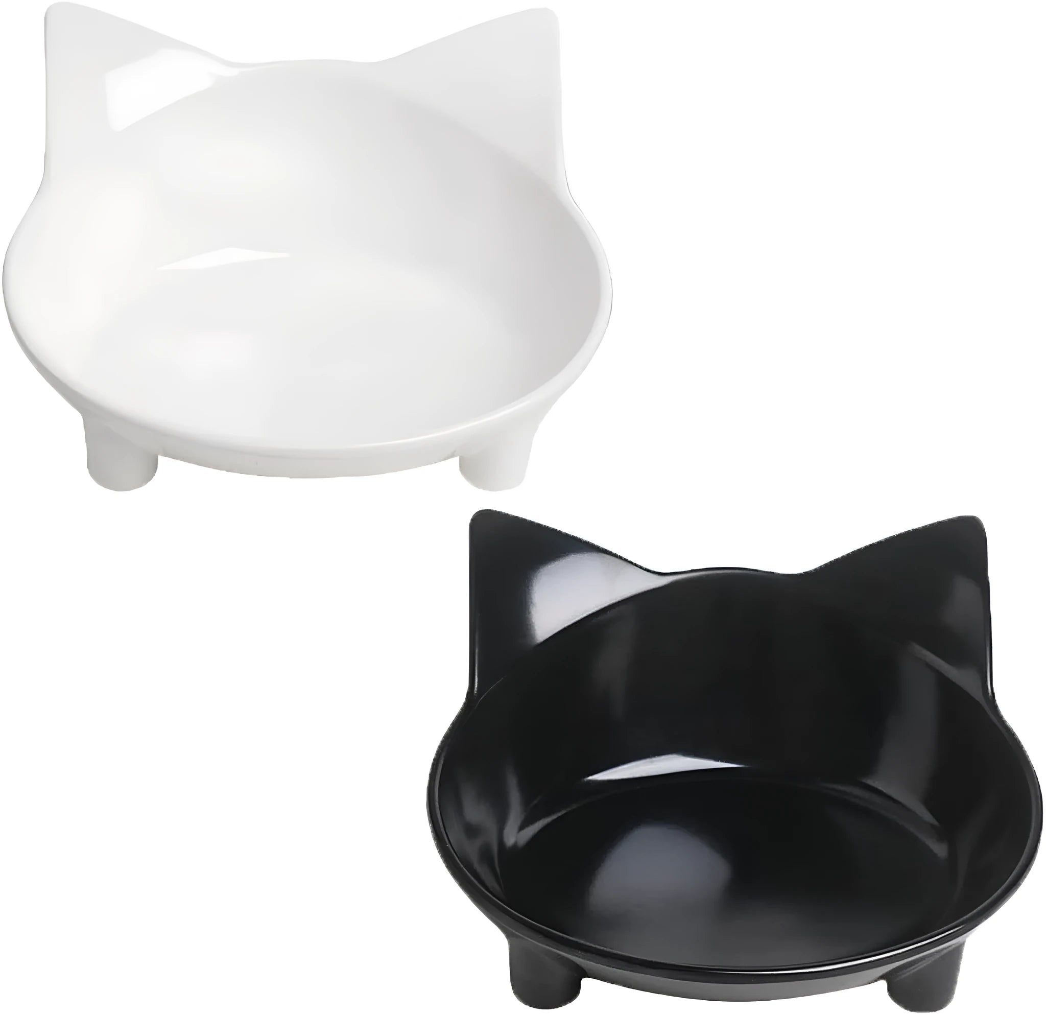 Set of four shallow black melamine pet bowls with non-slip rubber bases