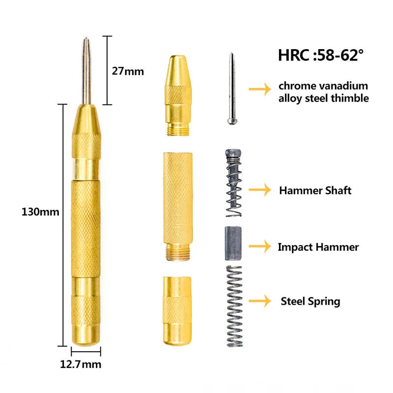 High speed steel cone step drill bit and centre punch set with numbered colour options on a workbench.