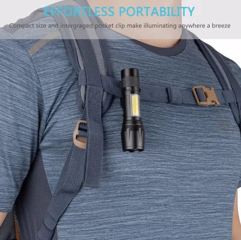 Black mini aluminium alloy LED flashlight with telescopic zoom head and pocket clip.