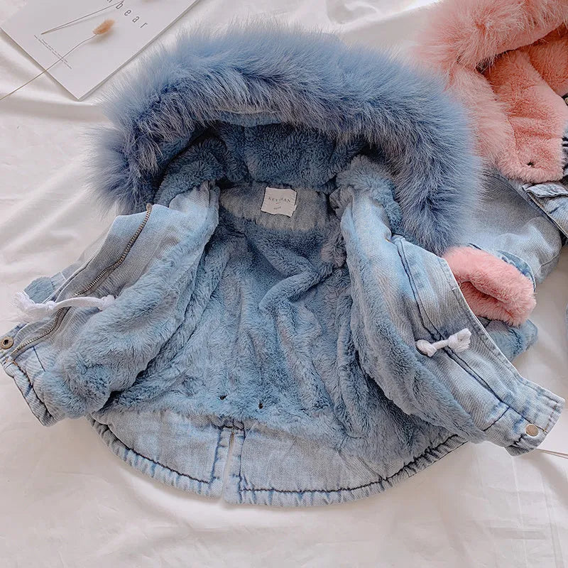 Blue denim coat for a girl with an attached hood and velvet lining.