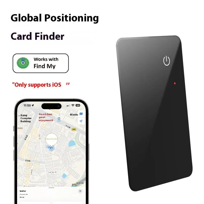 Black plastic pet tracking device with card shape, hanging hole, and wireless charging via NFC interface