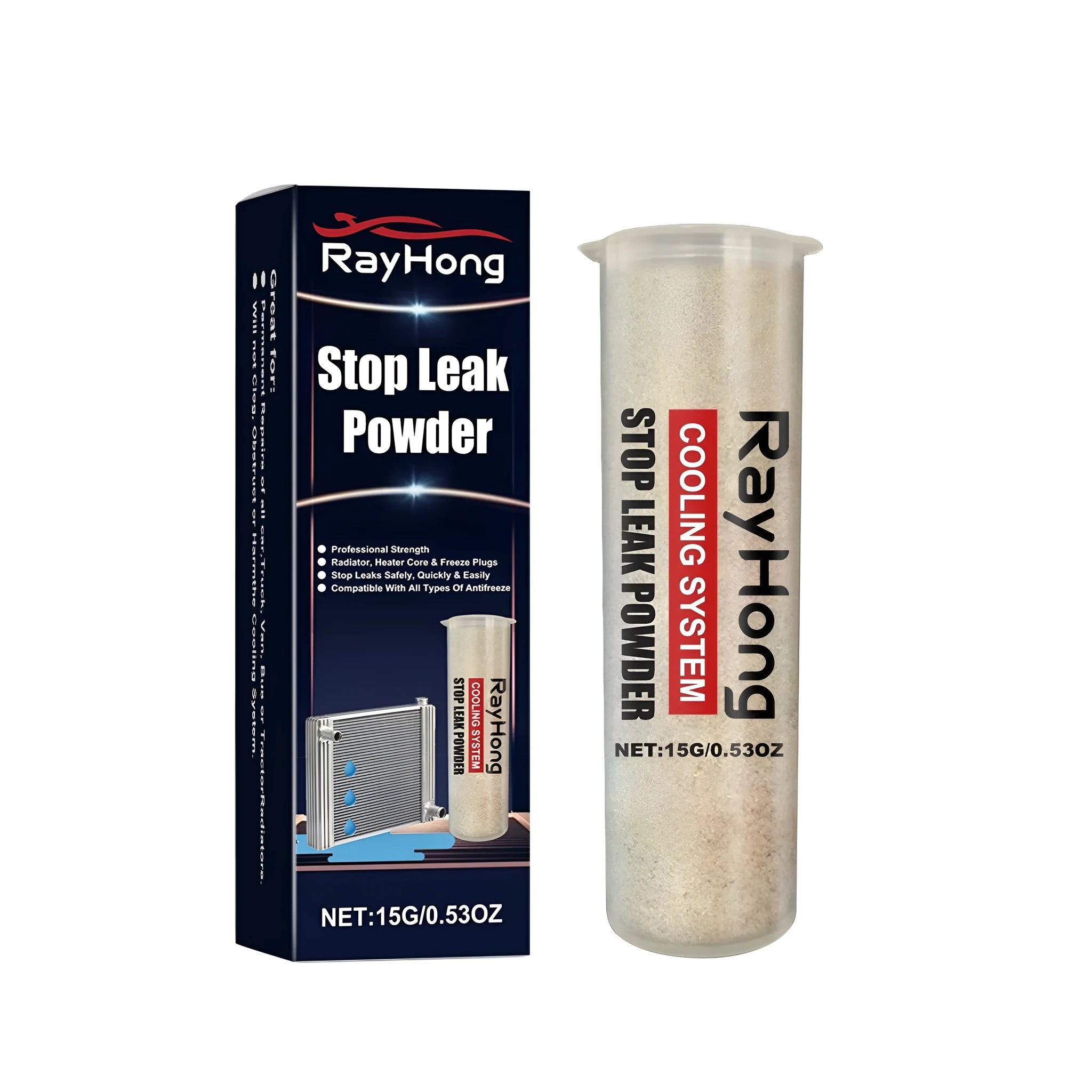 One small 2.5x8.8cm sachet of stop leak powder for car radiators and coolant systems.