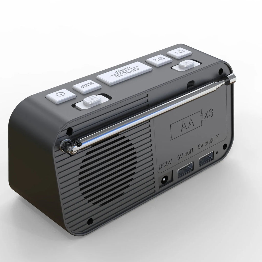 Black DAB+ bedside alarm clock with large LED display, upgrade pig tail antenna, and two USB charging ports.