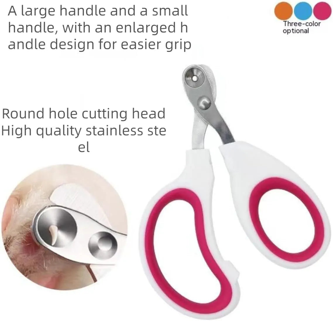 Blue cat nail clippers with circular cut hole and cushioned non-slip handles for safe pet grooming