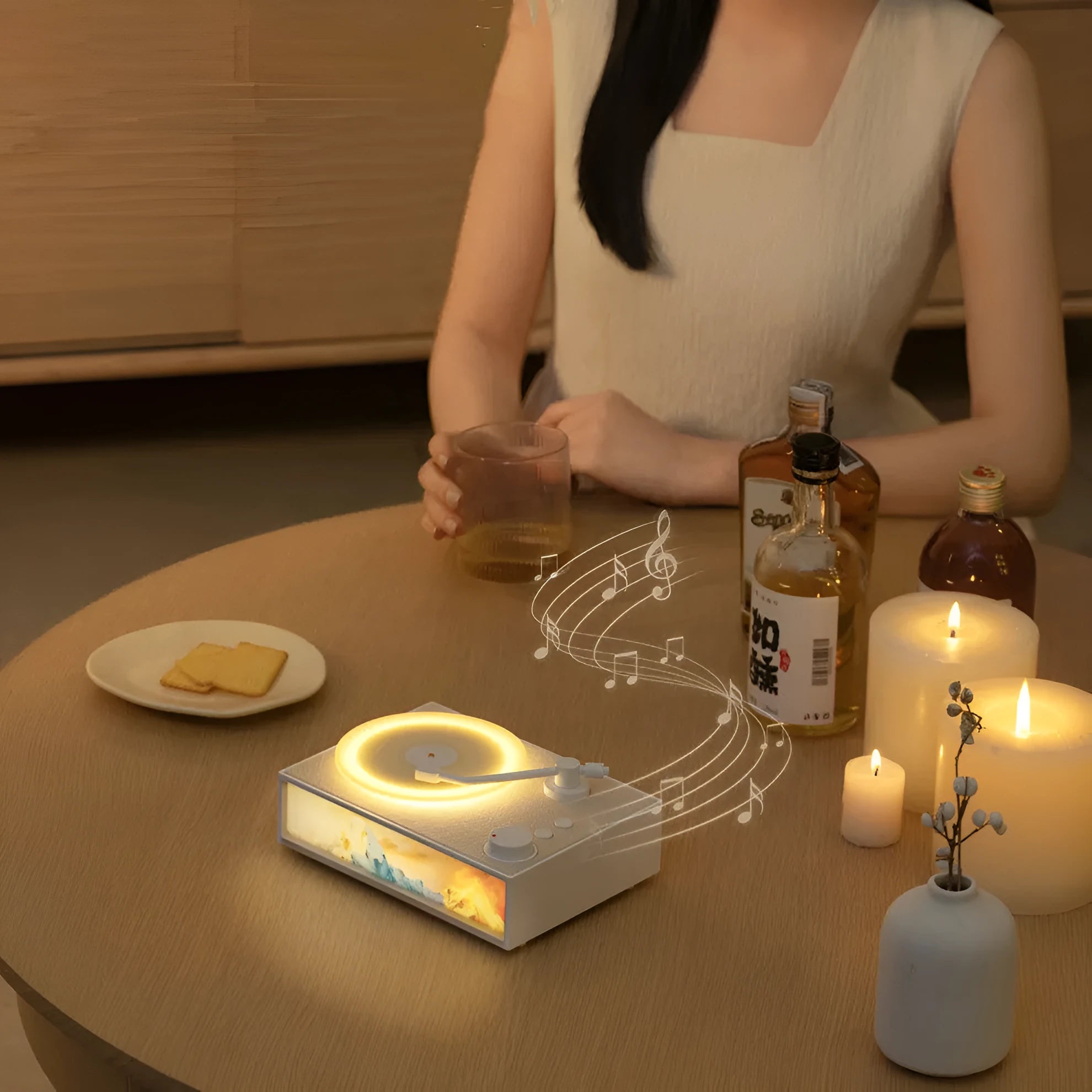 Light Painting Aromatherapy Bluetooth Speaker in elegant white with plastic casing and lighting effects on desktop