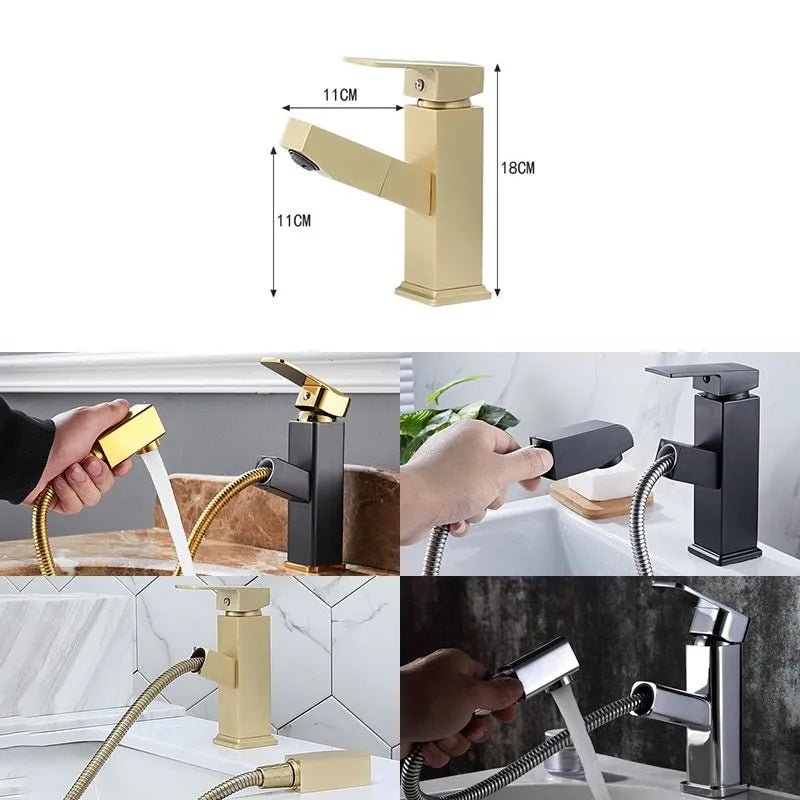 Nordic brass square pull kitchen faucet with brushed gold finish for 3.2-4.2 cm sink openings