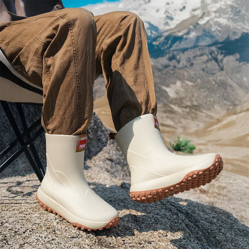 Men's mid-height PVC rain boots in beige colour with non-slip plastic soles