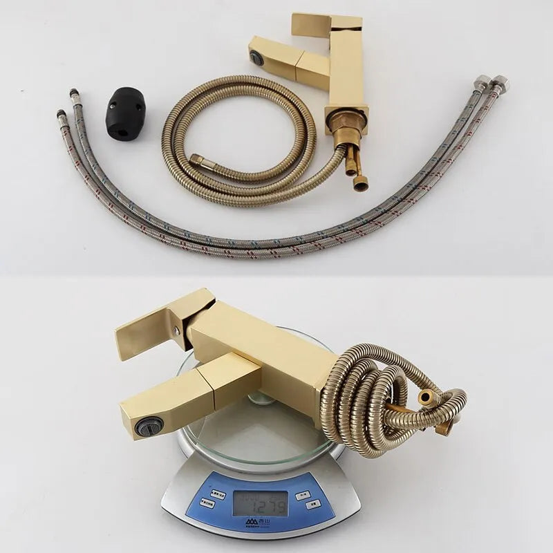 Nordic brass square pull kitchen faucet with brushed gold finish for 3.2-4.2 cm sink openings