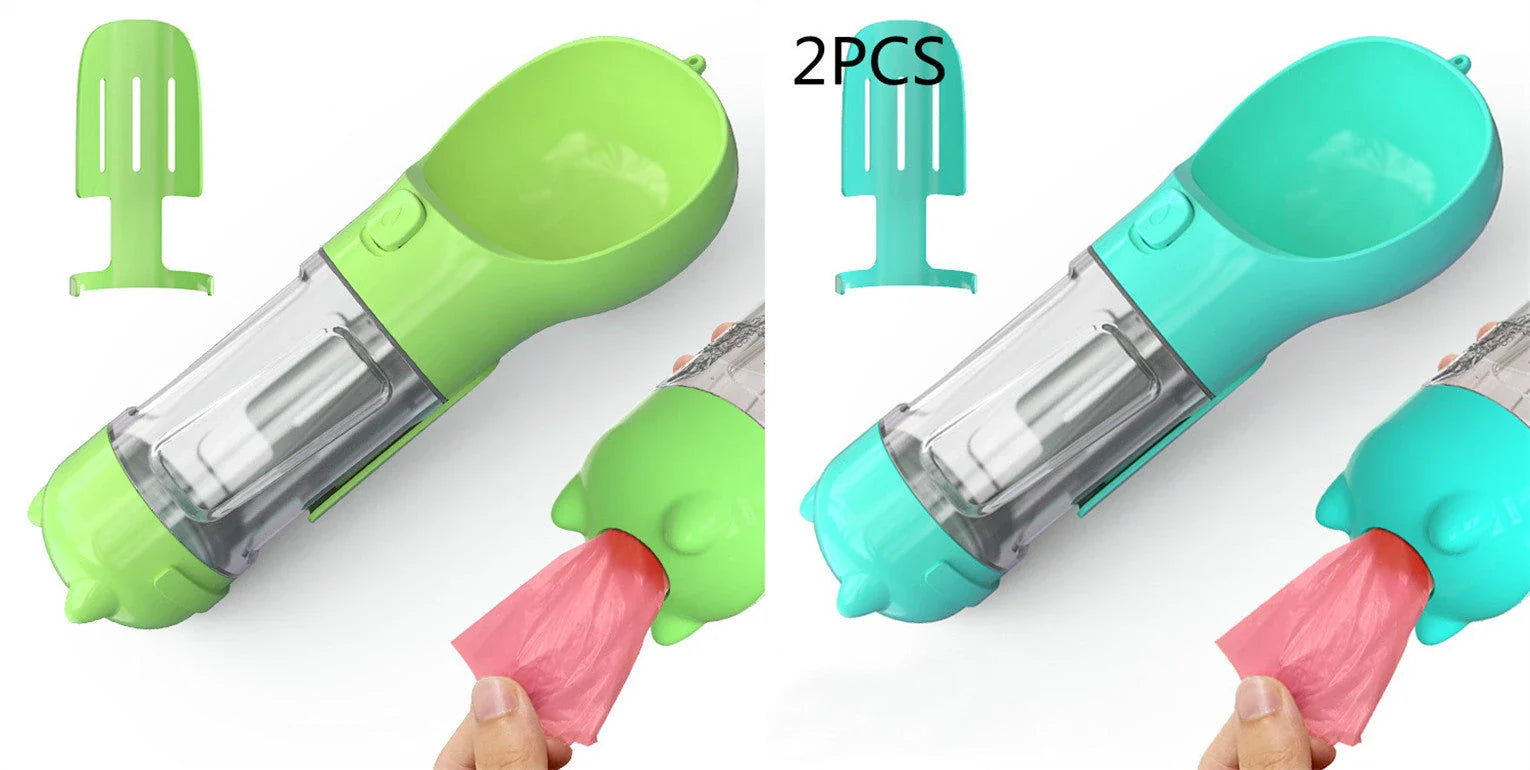 Versatile 3-in-1 pet water bottle with feeding bowl and waste bag storage in various colors