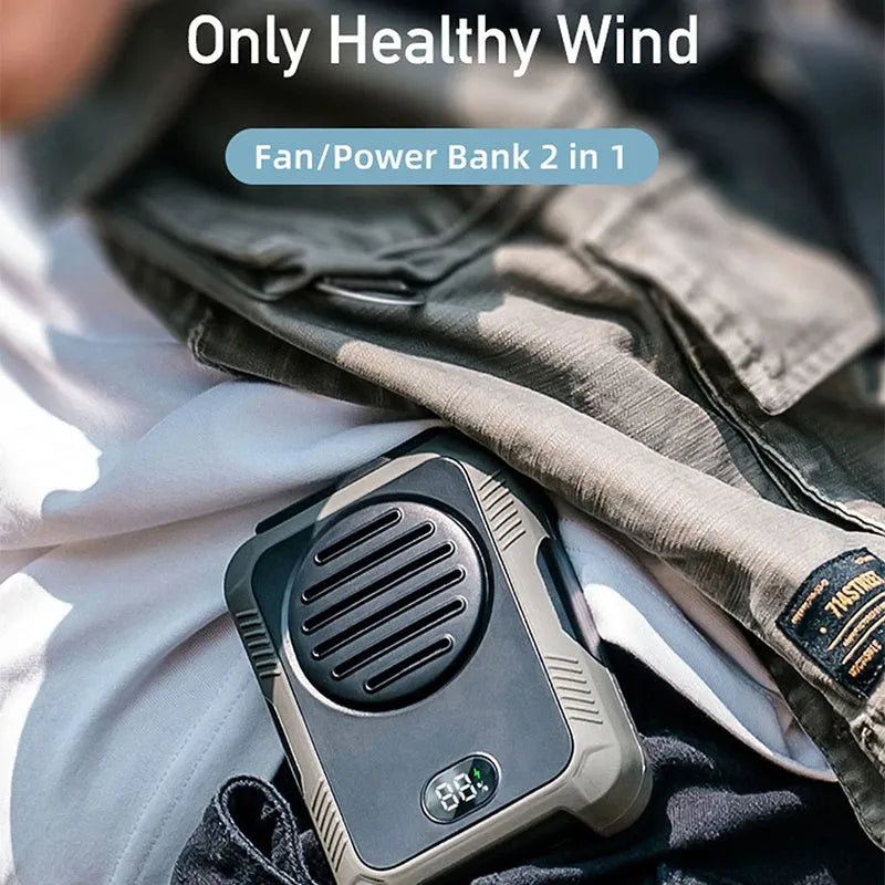 Green waist hanging fan with neck strap showing USB charging port and leafless blade design