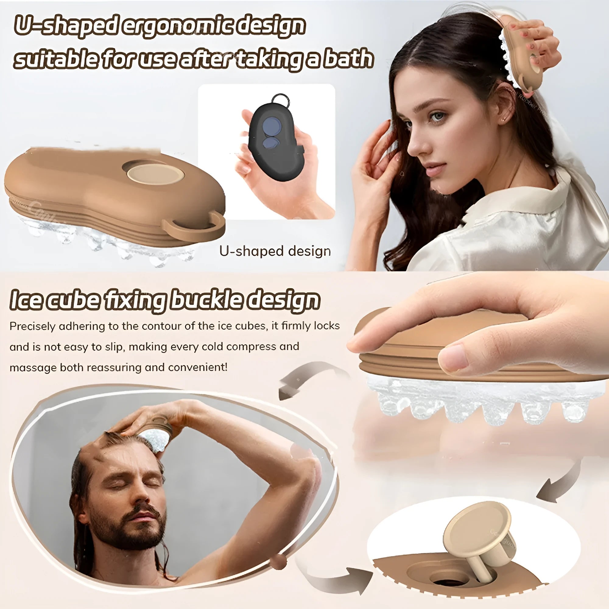 Silicone shampoo brush massage comb in pink, with silicone bristles and plastic handle, includes 125ml chamber for ice compress therapy