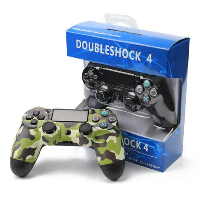 Wireless PlayStation 4 Controller in various color options, including purple, transparent red, grey camouflage, camo blue, and more.