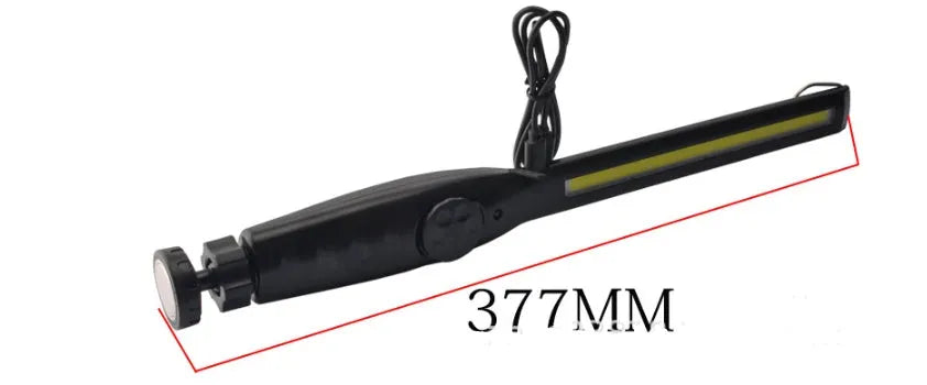 LED work light with 360-degree rotating bracket, 20W, USB rechargeable, ABS plastic, 377x35mm, in Black or Purple.