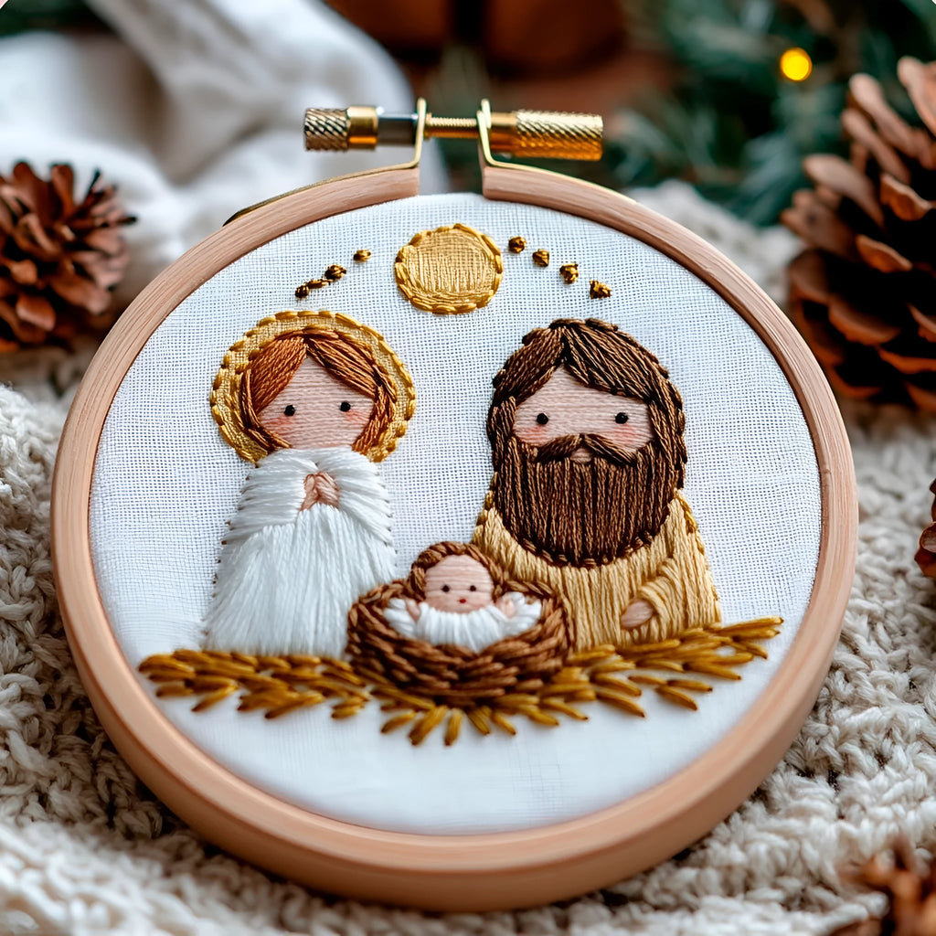 Embroidery DIY material kit with Jesus cross landscape pattern on 24x24cm cotton linen fabric