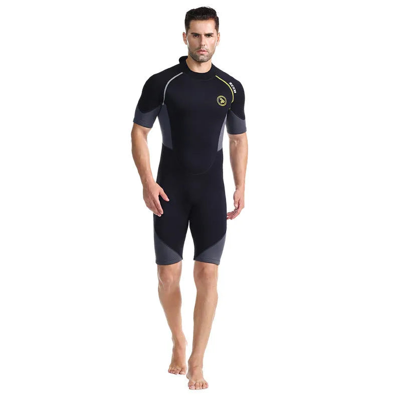 Black men's short sleeve SCR neoprene wetsuit shorts with round neck and YKK zipper, sizes S-4XL