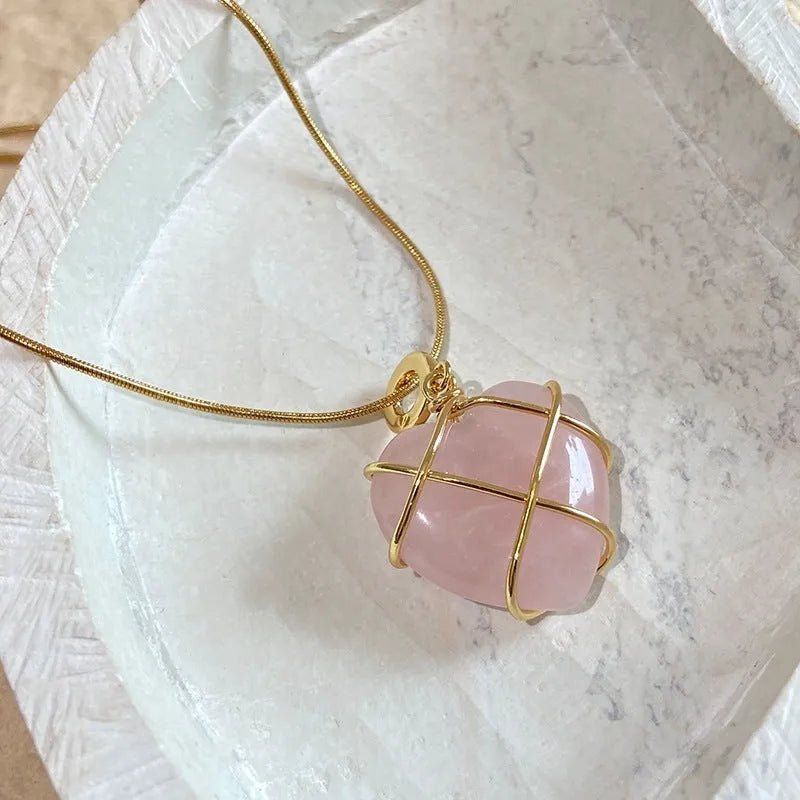Heart-shaped moonstone pendant necklace on copper chain with electroplated real gold finish