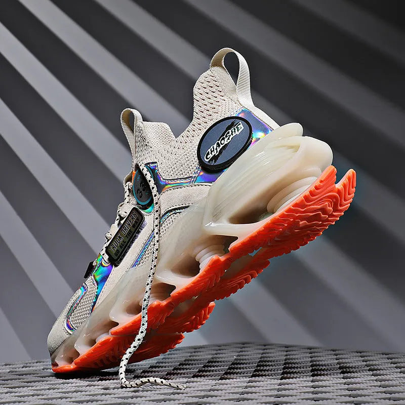 Men's hollow blade shock absorption sports shoes with breathable fabric upper in apricot colour