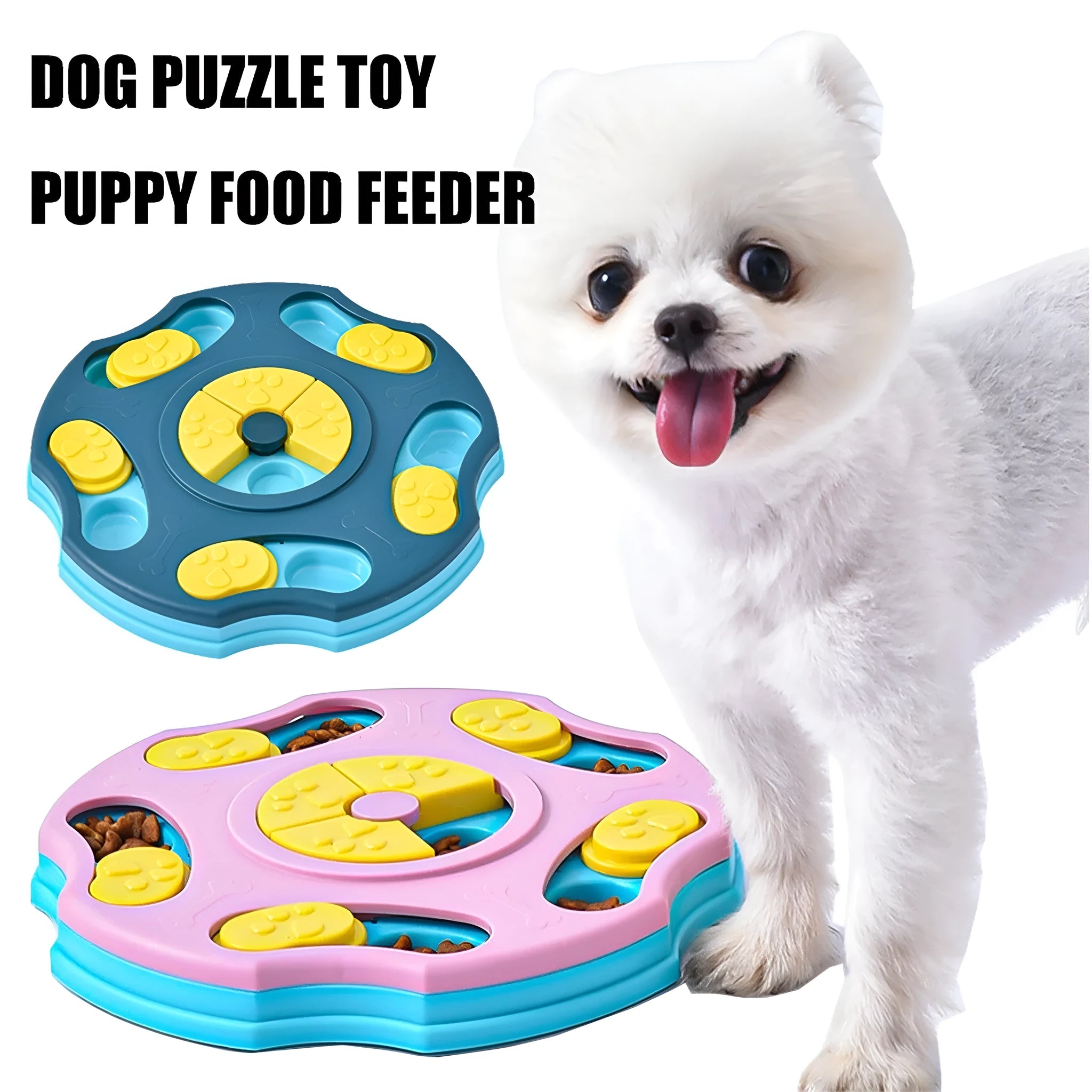Blue dog puzzle food feeder toy with interactive compartments for slow feeding and mental stimulation