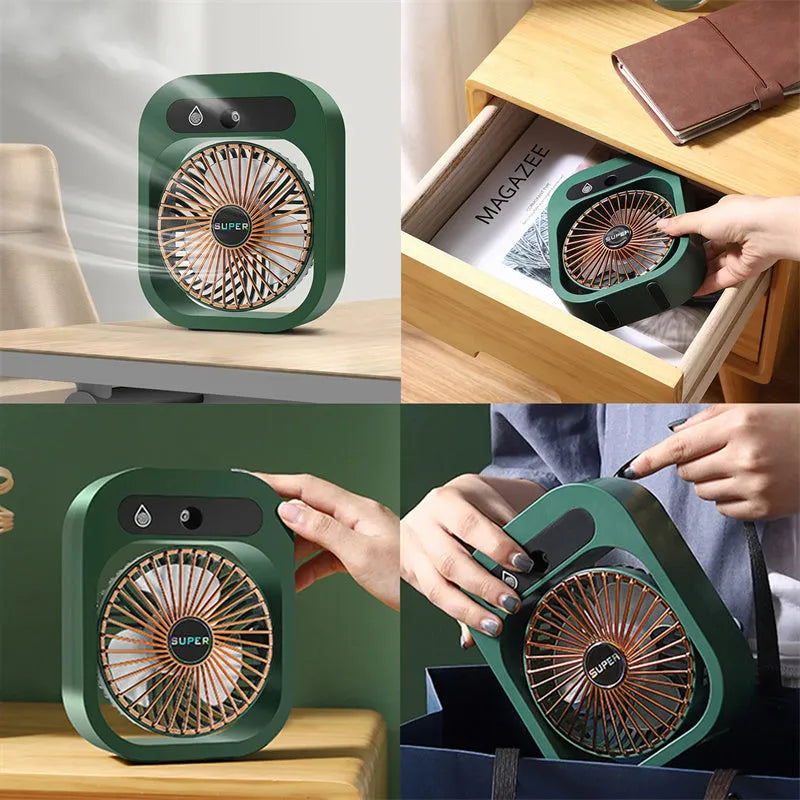 Green and white USB portable misting fan humidifier on a desk showing adjustable vent and water tank.