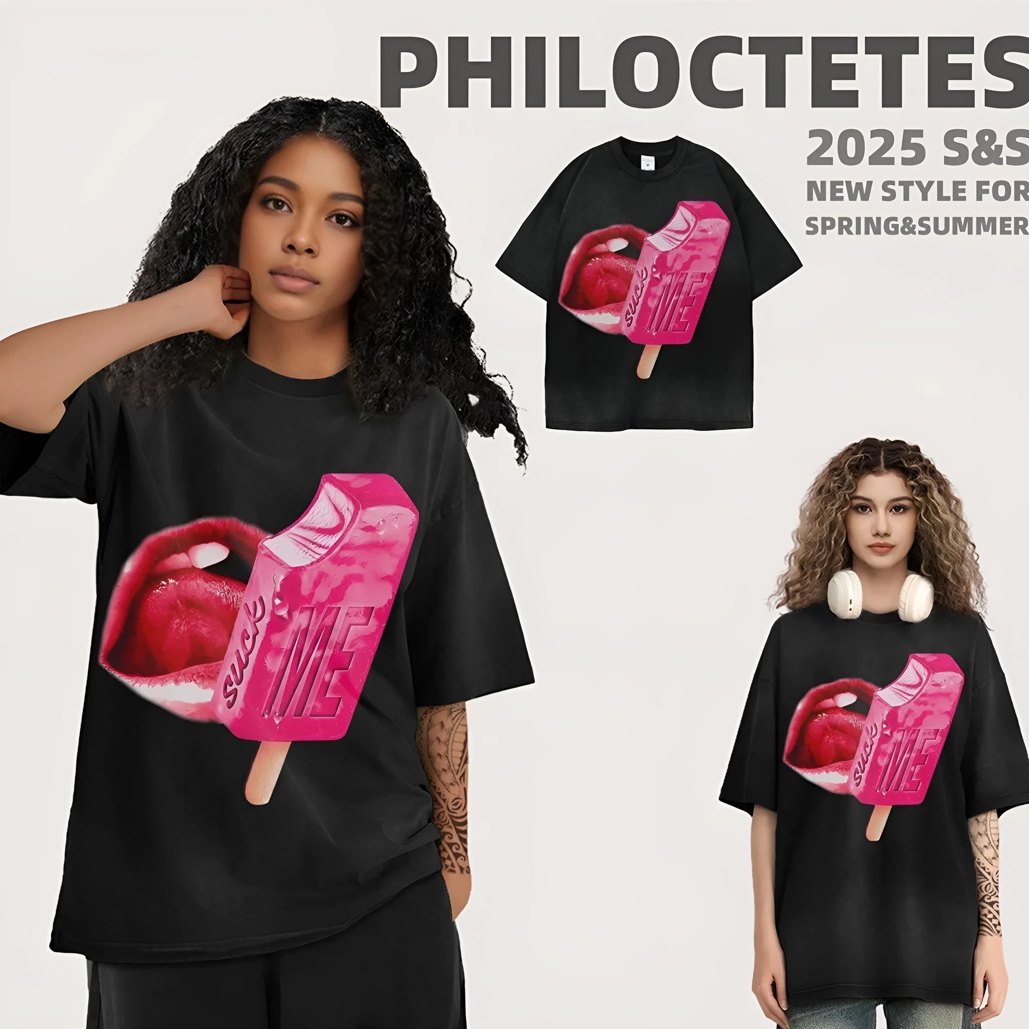 Heavy washed short-sleeved T-shirt with cartoon print on a person, showing loose streetwear fit.