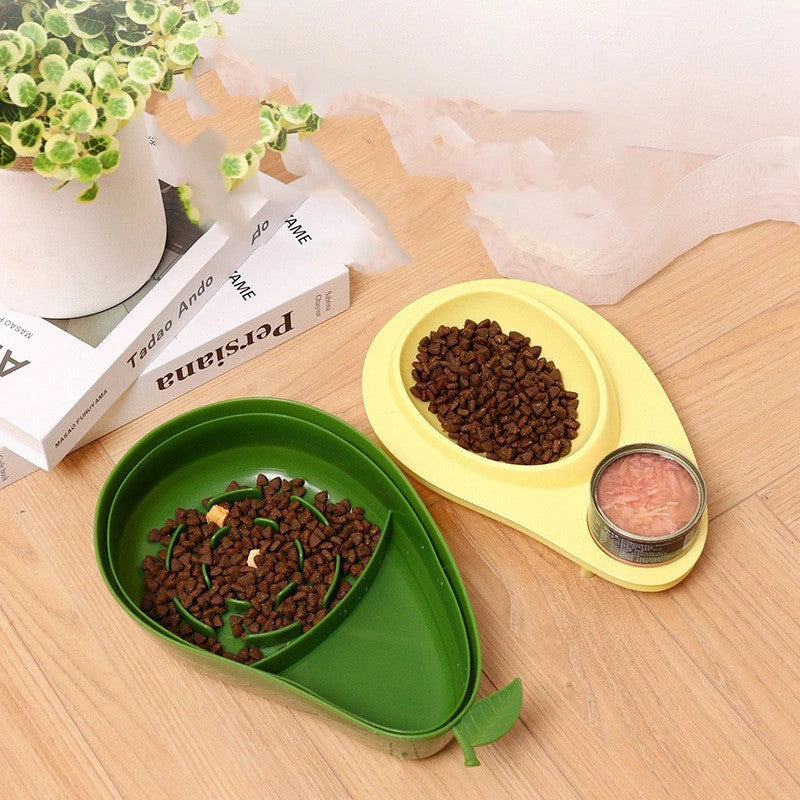 Avocado-shaped automatic pet food and water dispenser for cats and dogs with slow-feed feature and large water capacity