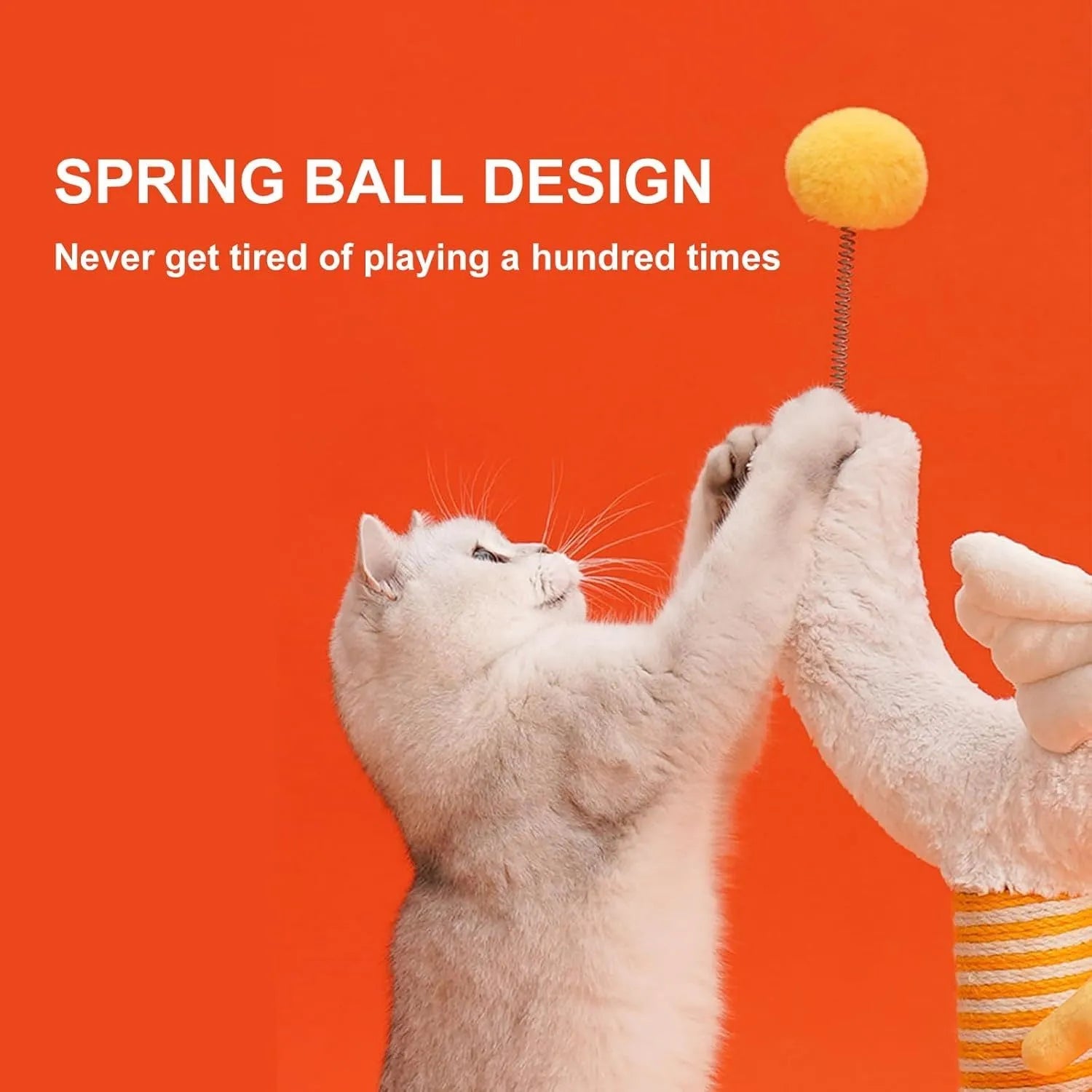 Yellow sisal rope cat scratching post with U-shaped design, spring ball, and solid wood base