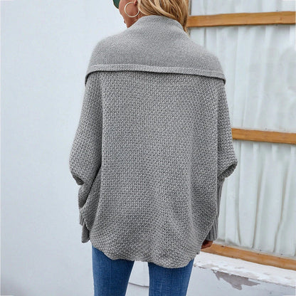 Cozy knit cardigan jacket in various colors with relaxed bat-wing sleeves and large lapel design for women's fall and winter fashion