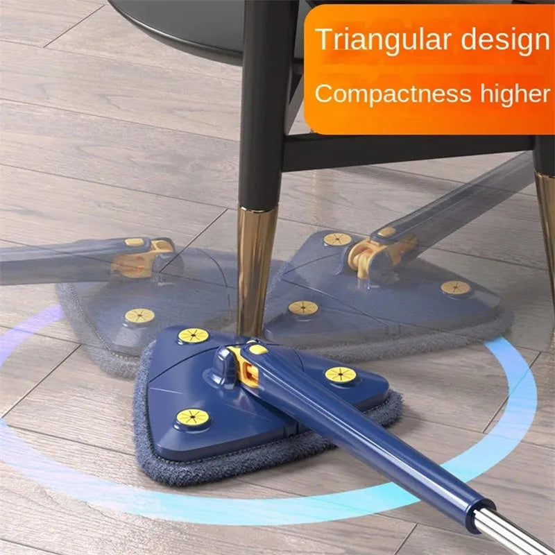 Blue triangle cleaning mop with rotating head and extendable stainless steel pole on tile floor