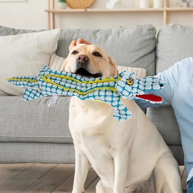 Blue plush crocodile dog toy with corduroy fabric texture and squeaker for interactive play