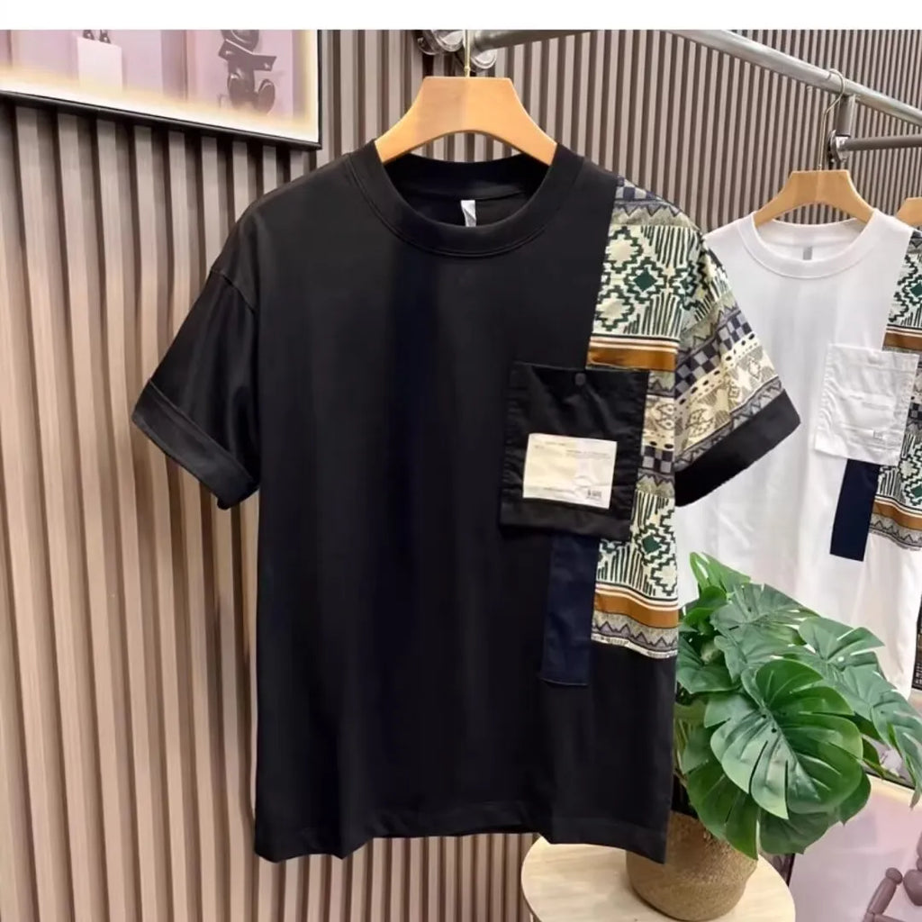 Men's camouflage slim-fit polyester t-shirt in black, front view for daily summer wear