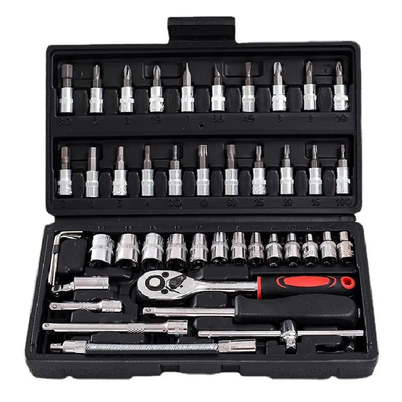 46-piece chromium vanadium steel socket ratchet wrench set with nickel-plated finish in a case.