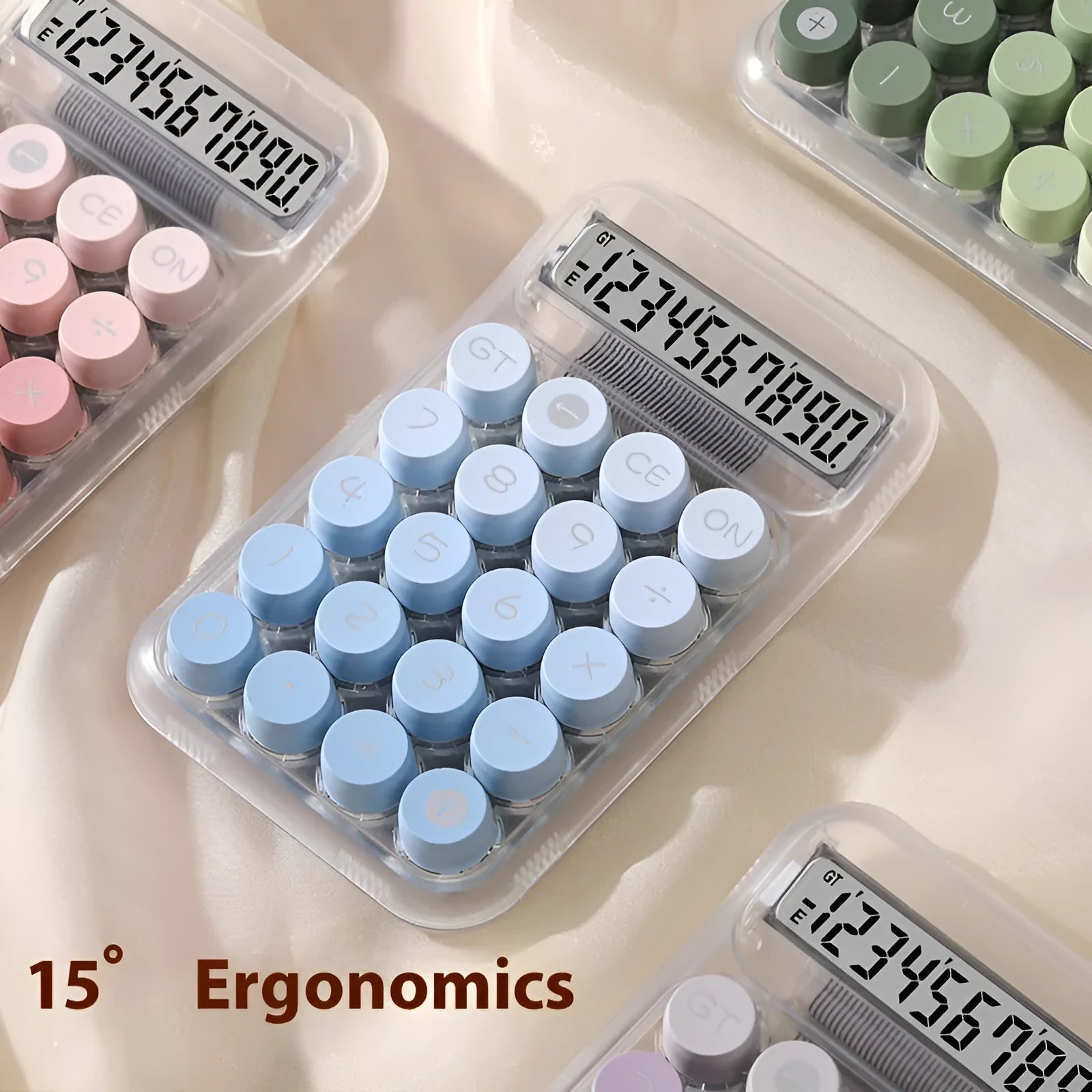 Mechanical keyboard calculator with gradient colour design in blue, green, pink, or purple options