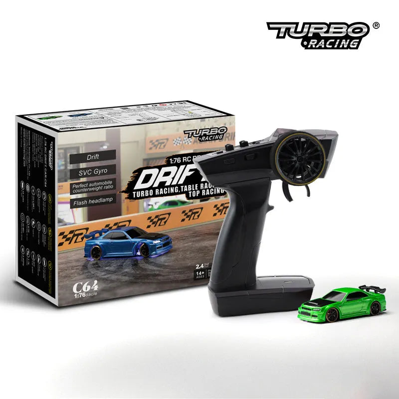 Turbo Racing C64 blue RC drift car with proportional remote control on racing track