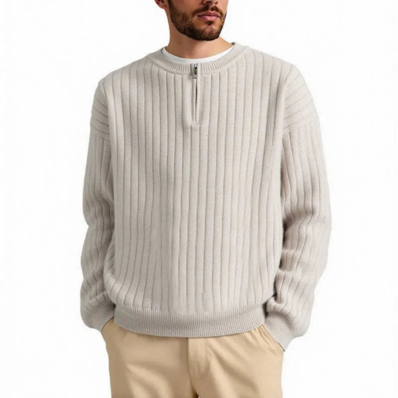 Men's grey half-zip textured sweater with loose fit and long sleeves