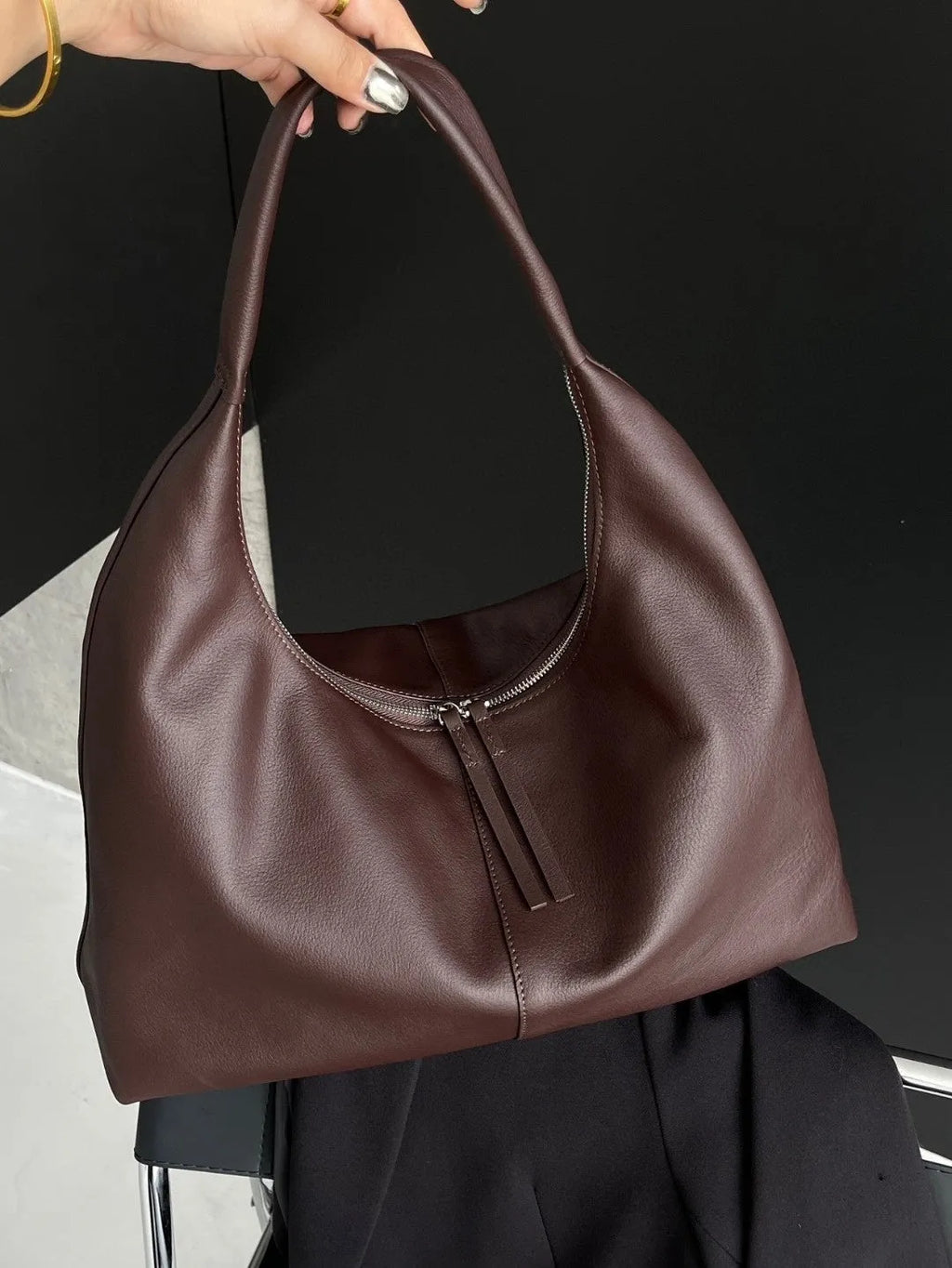 Genuine leather crescent shoulder underarm bag in ankarat red with sandwich pocket and single strap