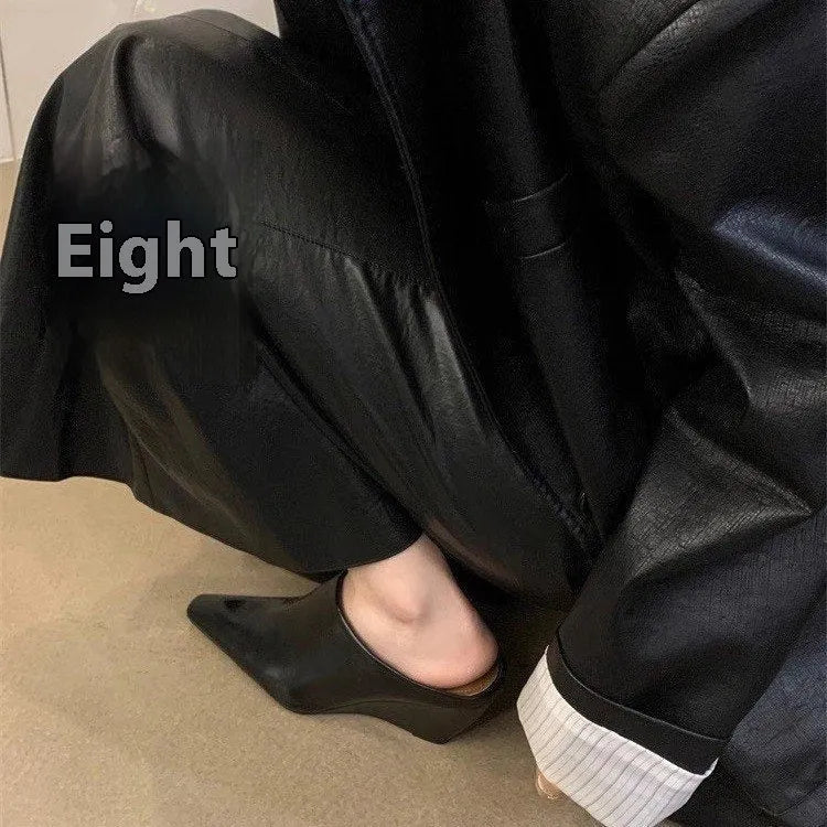 Women's Wind Wedge closed toe half slippers in PU leather with wedge heel