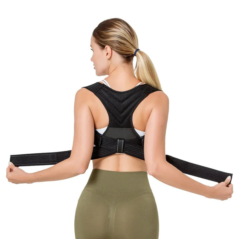 Black adjustable anti-humpback posture correction belt shown on a model, highlighting the straps and upper back coverage.