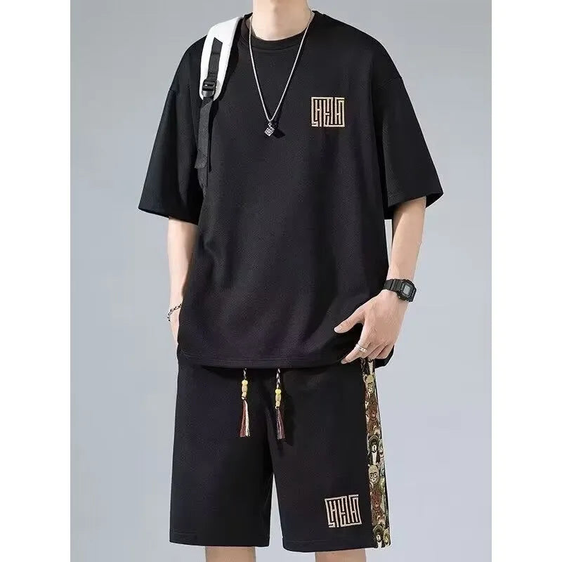Waffle embroidery short sleeve two-piece set in apricot with matching shorts