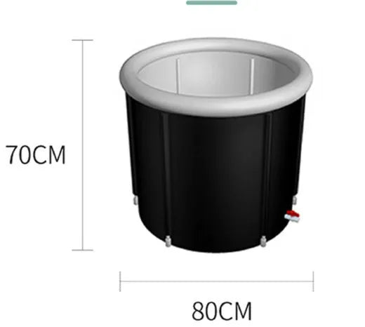 Black portable inflatable ice bath tub measuring 70x80cm with weather lid and drainage components