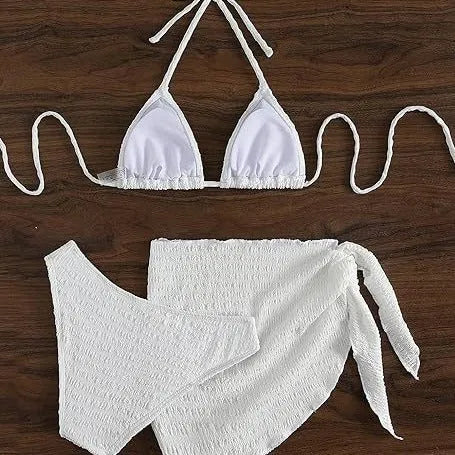 White lace-up split bikini swimsuit three-piece set with spandex fabric on woman at beach