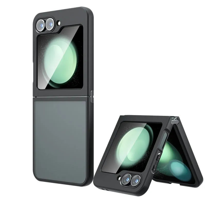 Frosted TPU PC Samsung Z Flip phone case with hardware connecting shaft in matte black and transparent black