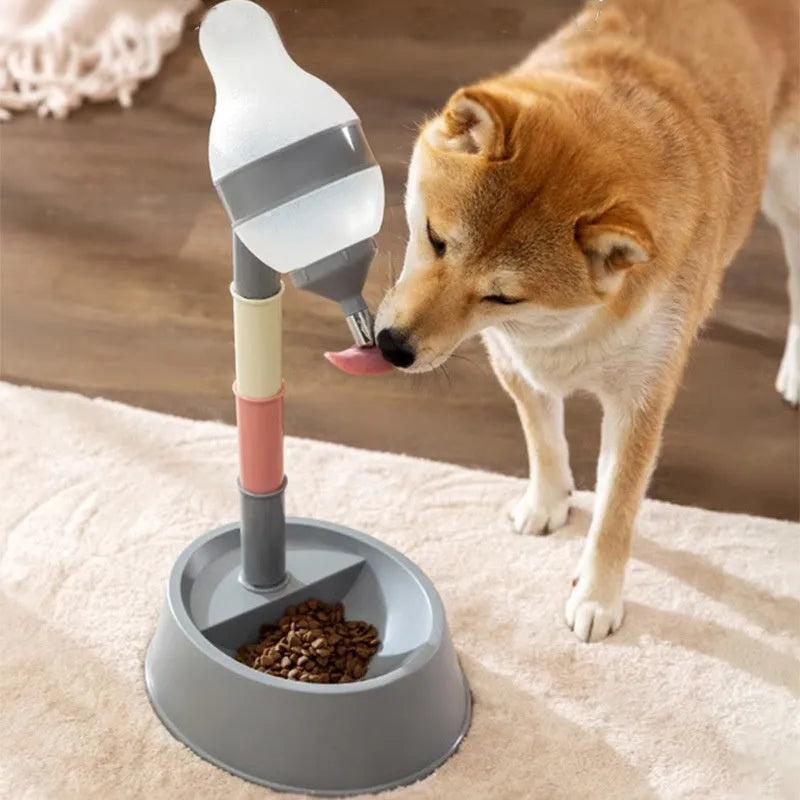 Green adjustable standing water dispenser for pets with a detachable pole and separate bowl.