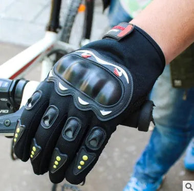 Full finger sports gloves with hard shell, anti-slip palm, touch screen finger and thumb, available in black, blue, and red.