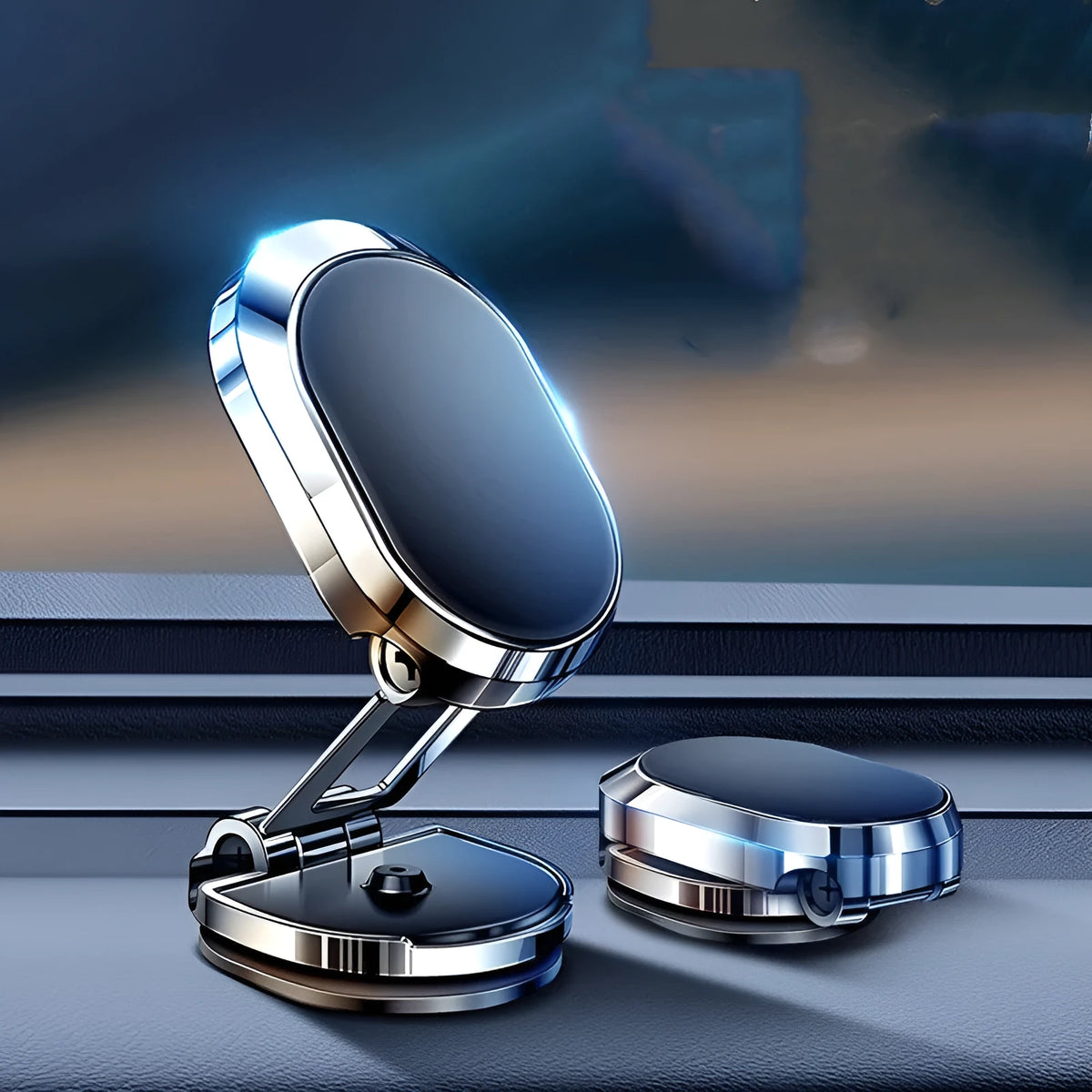 Zinc alloy folding magnetic car phone bracket on dashboard with 360 rotation, black colour, 65x20x36mm