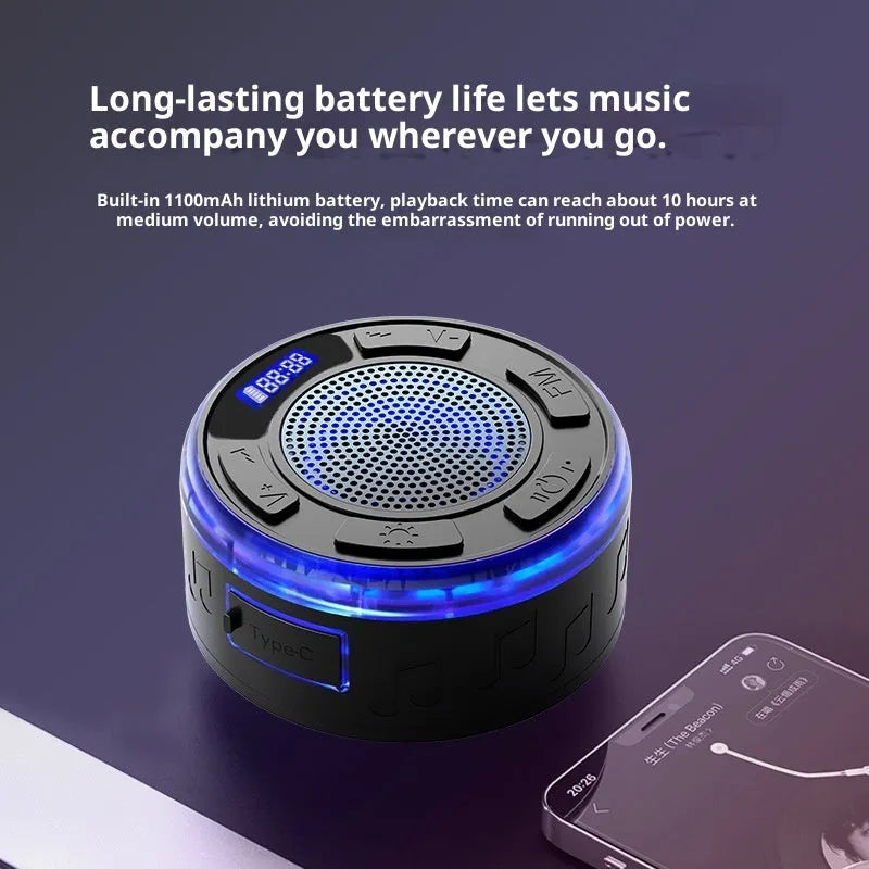 Waterproof Bluetooth speaker with large suction cup in black for bathroom or car use